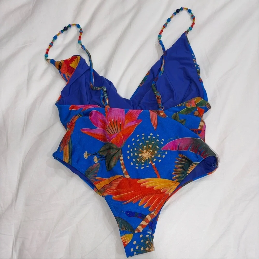 Farm Rio Blue Macaw Party One-Piece Swimsuit / bathing suit / Swim